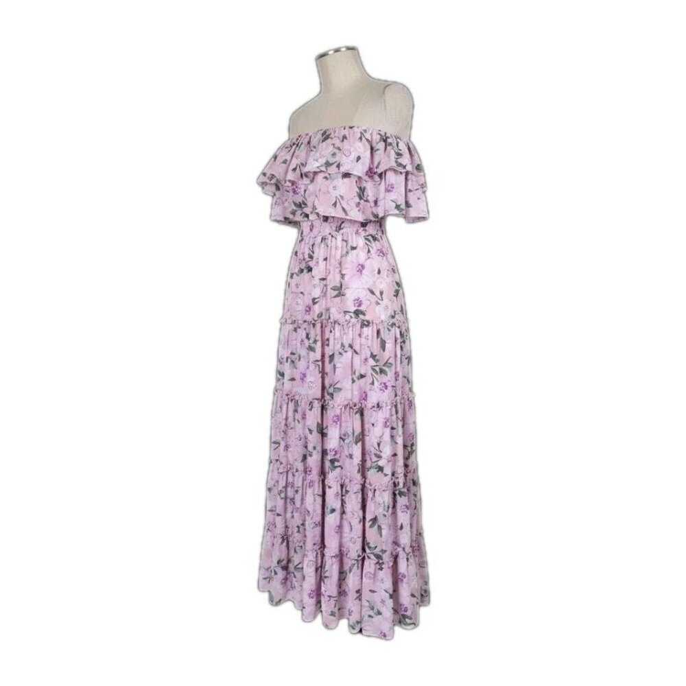 Lulus Chance For Us Maxi Dress Sz L Pink Floral Chiffon Off Shoulder Ruffles New - Picture 6 of 13